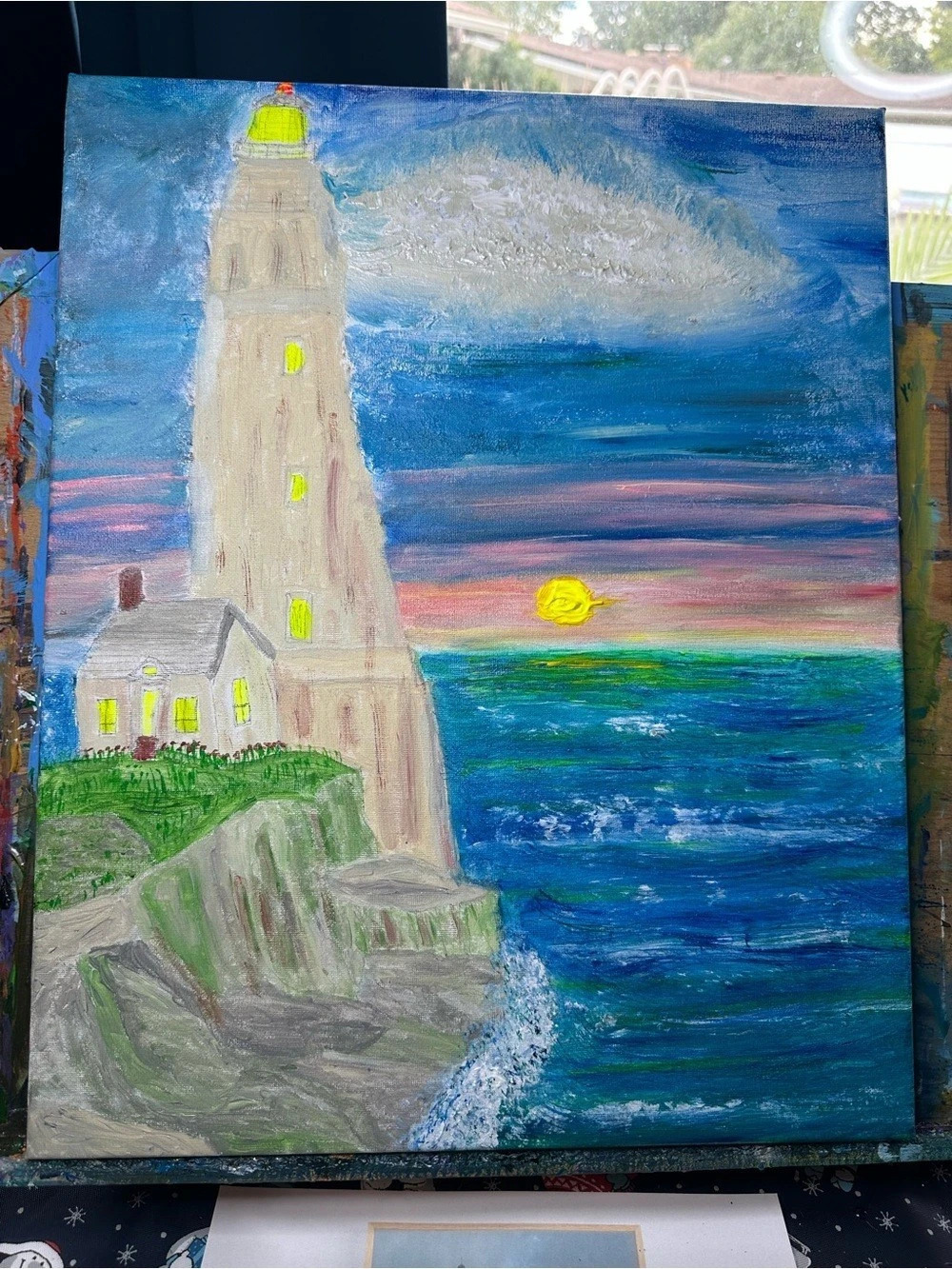 Lighthouse Ocean Painting, Blue & Green